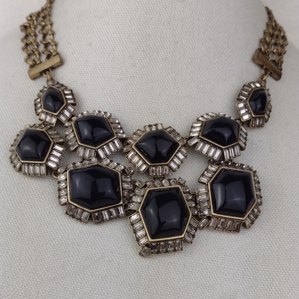 Bold Brassy Gold Metal Black Stone & Crystal Marquee Rhinestone Chunky Necklace